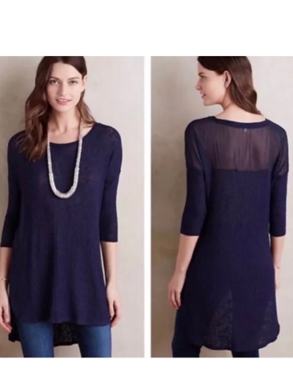 Anthropologie Pure + Good Esplanade Mesh Back High Low Tunic Top Navy Blue M